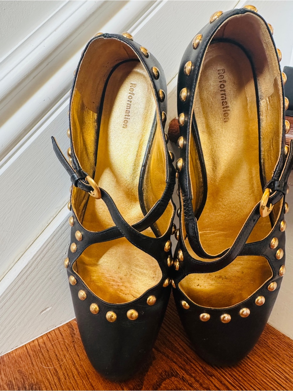 Reformation Black Mary Jane Heels with Gold Studs